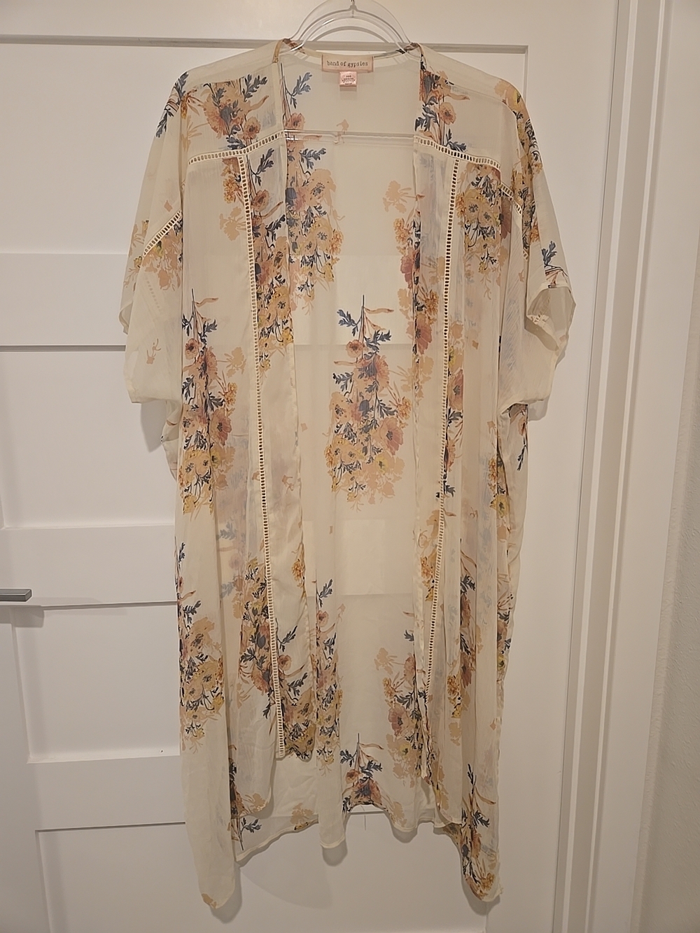 Band of Gypsies Cream Floral Sheer Kimono with Mustard and Navy Accents